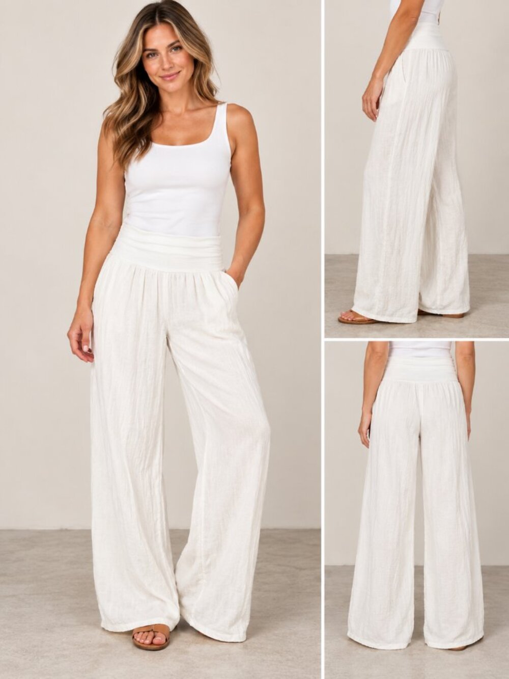 Elan White Cotton Wide Leg Palazzo Pants Boho Beach Resort Large